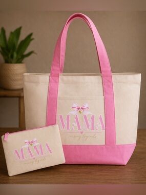 Custom Mama Tote Bag Set w/ Matching Zipper Pouch Pink Bow Gift Handmade
